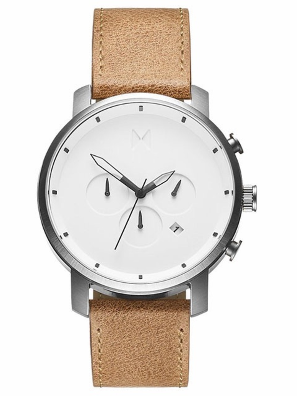 MVMT Silver Case Watch with White Dial and Tan Leather Strap

Needs new battery